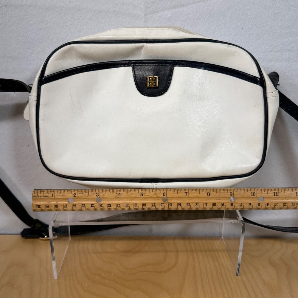 Vintage Borelli White Black Trim Leather Crossbody Shoulder Bag‎ Purse - Picture 8 of 9